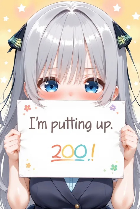  cute,1人の女性がsmileのアニメイラスト, Silver Hair， blue eyes， I'm putting up a sign with text」Thanks 200.「 stylish font  , colorful background , detailed character design, vibrant colors，smile，