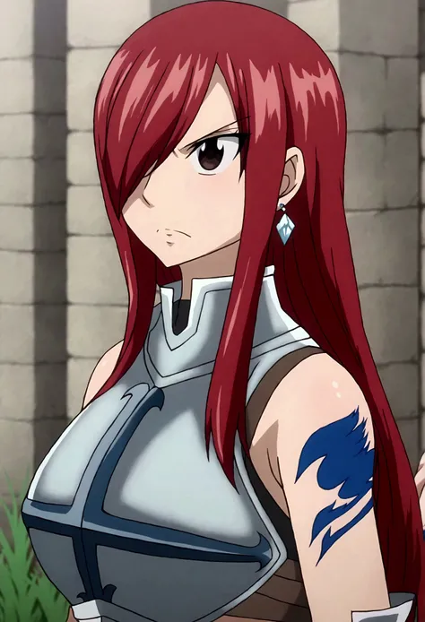 A girl with long red hair  hair over one eye,  she has brown eyes ,  diamond-shaped silver earrings , Slender,  plump body,  she has a tattoo of a blue fairy tail symbol on her left arm, , While she's in the field 、 wears red female ninja armor .