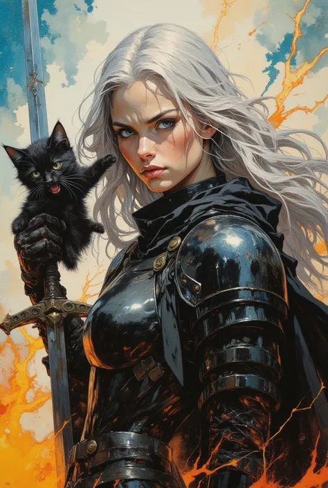 oil painting, girl 20 years old, long ash hair, bright blue eyes, aristocrat, angry, a hand thrown up with a sword, clink up, a black kitten in the other hand, growls, sexy black leather battle modern armor, defending herself, watercolor background of magi...