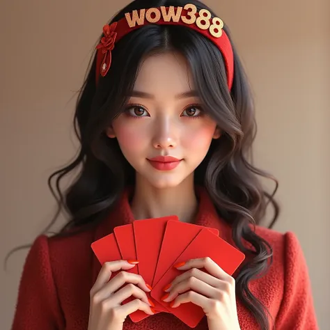 a beautiful sexy woman, beautiful eyes, pink lips, full body standing, holding red packets. wearing a headband that says wow388
