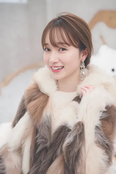 Outside the City Room 、 fur coat、豪華なグレーのミンクの fur coat、 Wearing Leather Boots、Luxury Bags、 turtleneck with collar 、silver necklace and small silver earrings millionaire style:1.4））、 full body photo、smile、  caustics、 HIGH RESOLUTION DETAILED PHOTO 、  very be...