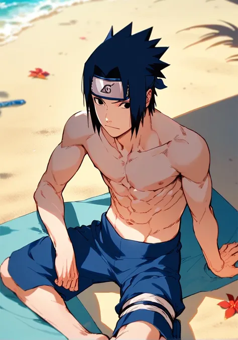 Naruto Sasuke Uchiha, sitting on the beach, shirtless showing off biceps and abs (slender figure), sitting on the beach