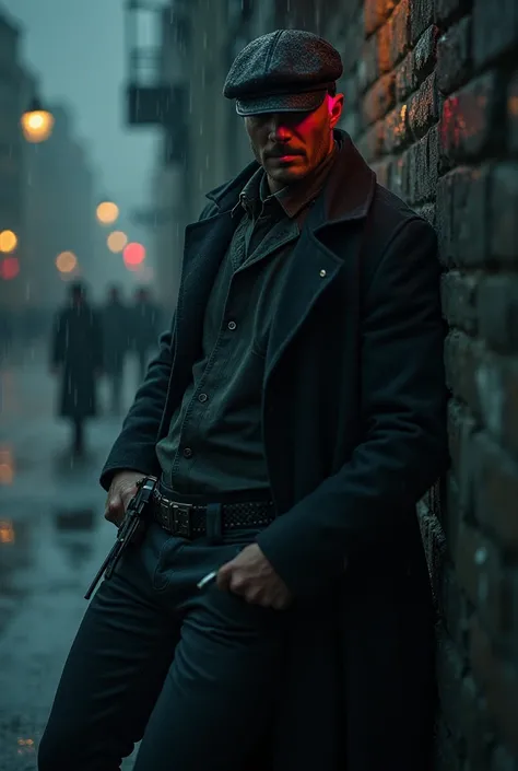  Here is the complete , angepasste bildbeschreibung:

Theme: Ein Mann in einem Peaky blinders-AnWithug mit moderner taktischer Ausrüstung,  ready for an attack in a gloomy , stürmischen Vicinity.  It looks like a mix of classic gangster and modern fighting...