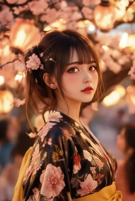 masterpiece, best quality, ultra-detailed, photorealistic depiction, intimate and cinematic composition, a blushing girl in a floral-patterned yukata with intricate embroidery, her shy expression captured with lifelike precision, soft, short dark brown hai...