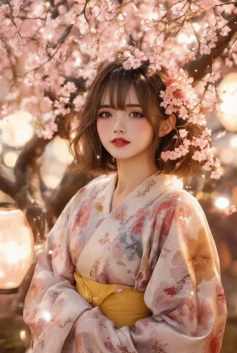 masterpiece, best quality, ultra-detailed, photorealistic depiction, intimate and cinematic composition, a blushing girl in a floral-patterned yukata with intricate embroidery, her shy expression captured with lifelike precision, soft, short dark brown hai...