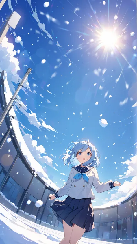 winter、 It's snowing、 1 girl, blue目、blue/ light blue hair、 medium hair, How hair flutters in the wind、 school uniform 、Looking up、 widescreen,  wide angle shot,  background blur,  lens flare, 