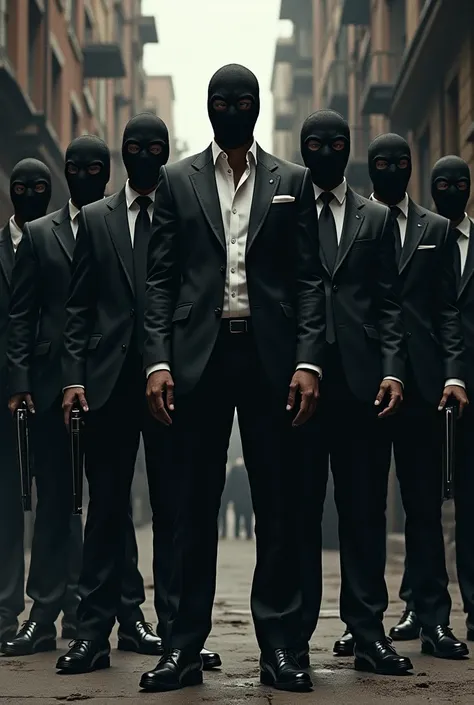 Groupe of gangster wearing only black suits carrying weapons and ski mask and the boss wearing white suit 