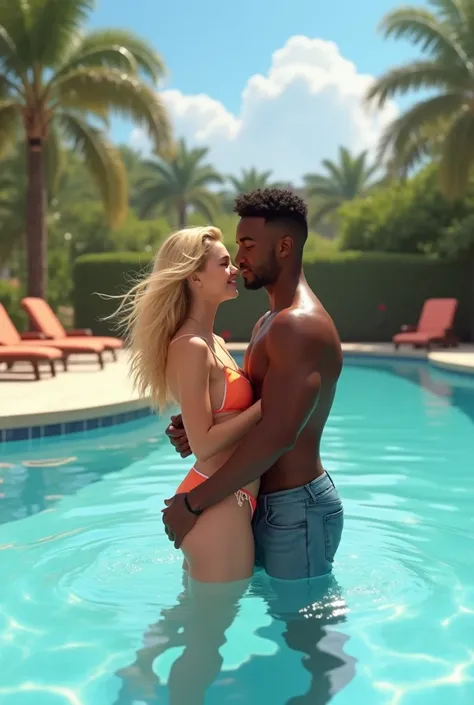 Beautiful fair nice adolescent girl wearing swimsuit at a swimming pool with his chocolate coloured boyfriend 