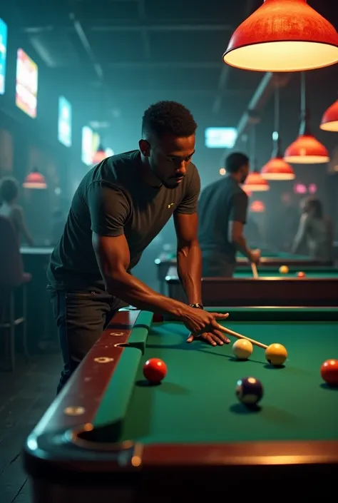 A black young man playing pooltable 