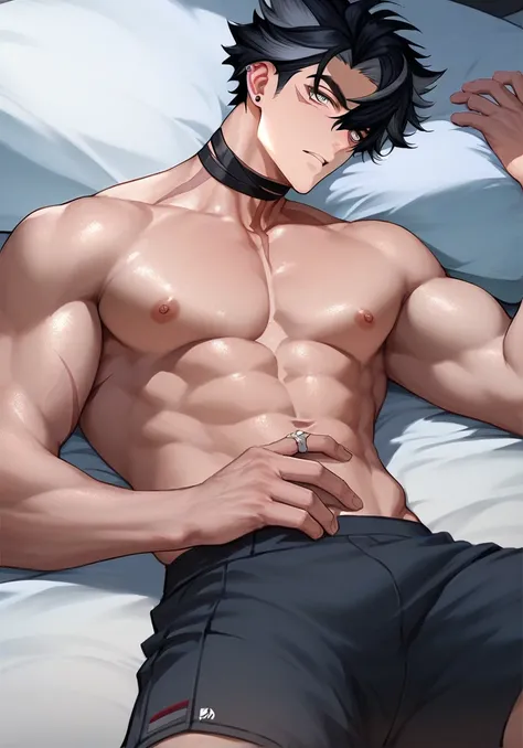 Genshin Impact Wriothesley, lying on the bed topless, showing off his biceps and abs, wearing black shorts on the lower body