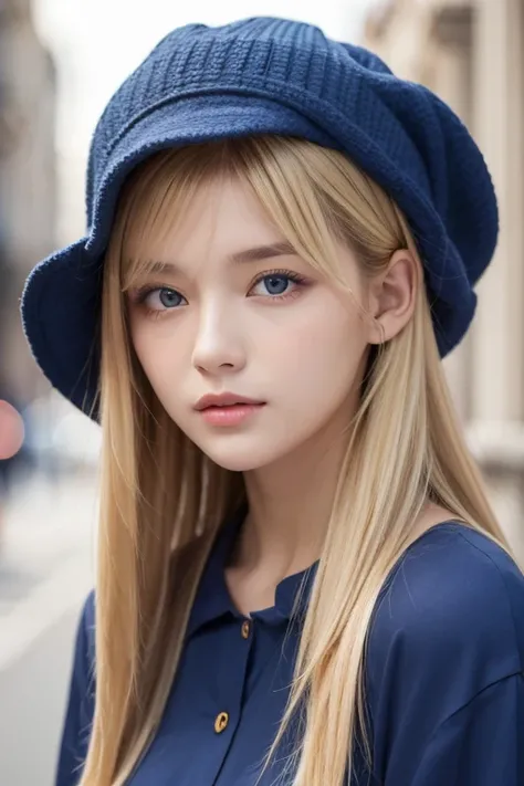  portrait of a blond girl in a blue hat and blue shirt