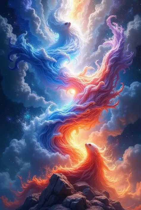 a colorful abstract oil painting depicting the origin of life from the four elements, explosive vibrant blue colors, elements merging and intertwining, capturing the essence of life created from elemental forces, (best quality,4k,8k,highres,masterpiece:1.2...