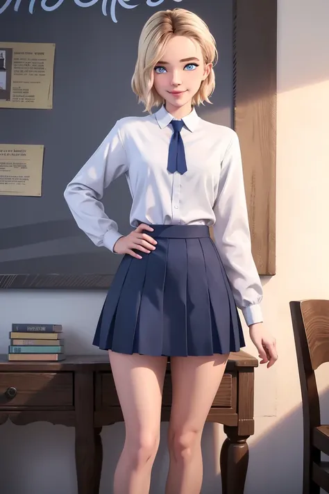 ( better quality,  masterpiece),sexy, erotic, 1 girl,  18 years old, Contempt,  pride ,  short hair, ((Blue eyes)),  looking at the spectator,  looking at the spectator,  warm light, ( small breasts),  (( ironic smile )), ((blue skirt)), ( dark grey sweate...