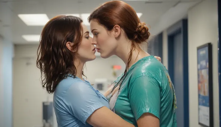 Deux jeunes femmes,  light blue nurse with brown hair, green nurse with red hair , embrace,  Eyes Closed , french kiss, lesbian kiss, corps sensuel, comic book novel, 4K,  HD, slime bleu clair clair qui coule.