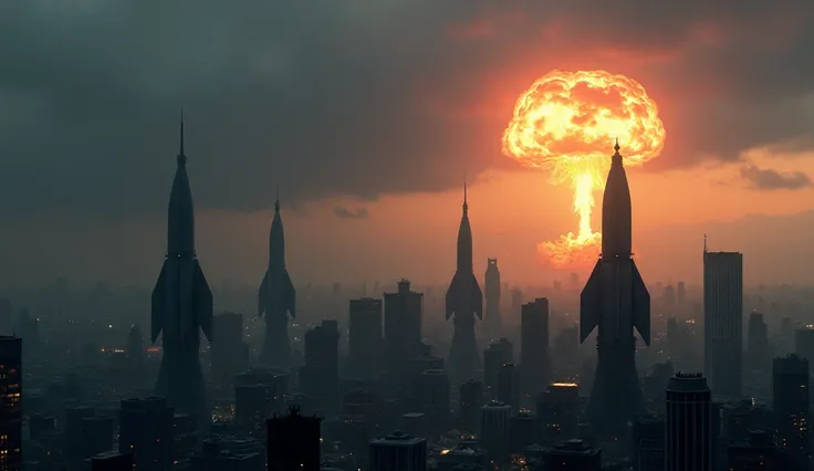 A city skyline with multiple nuclear warheads aiming at it.