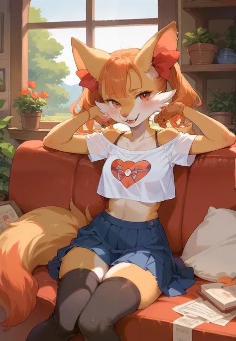 source_furry, BREAK, furry, anthro, 1girl, Braxien, Pokemon, ginger hair, crop top, piercings, thigh highs, skirt, sitting on a couch, sexy pose, lustful, BREAK, night time, mountain cottage, cinematic lighting,