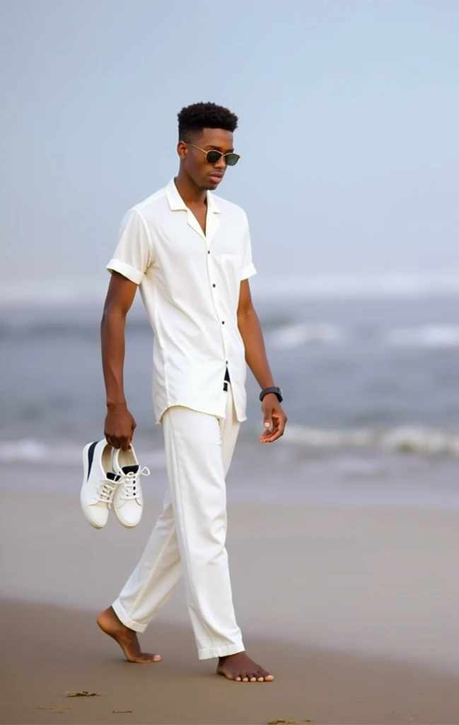 A young adult, likely in their 20s, of dark complexion, is walking barefoot on a sandy beach.  The subject is positioned slightly off-center to the left of the image, facing forward and slightly to the viewer's right.  They are wearing a light-cream or whi...