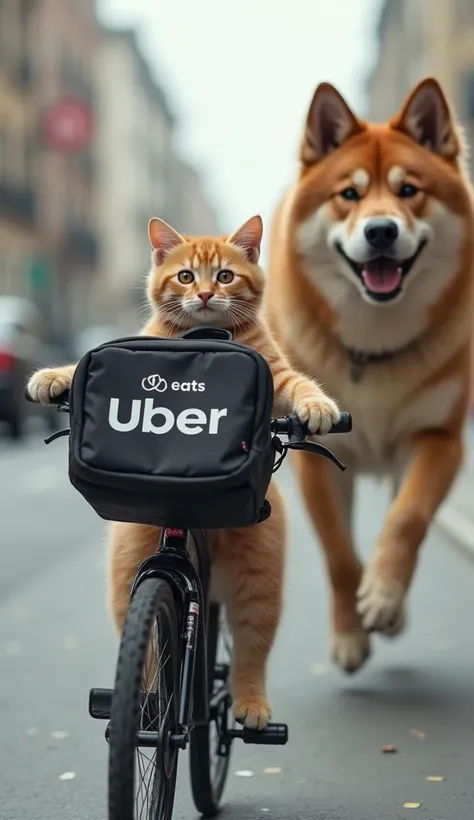 Real photo。A kitten with light brown fur is cosplaying for Uber Eats and riding a bicycle carrying an Uber Eats backpack。Behind it is a view from the side of a large Akita dog with an Uber Eats cosplay around the nose that is not black riding a bicycle and...