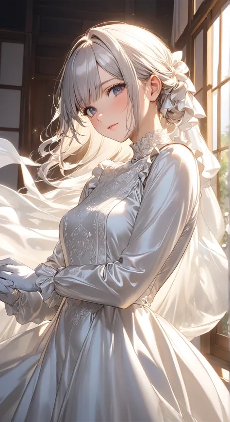  portrait 、god々Shining light、(Masterpiece, top quality,  ultra high resolution ),Extremely detailed CG, Japanese Women,(( beautiful face)),(( long sleeve long dress made of shiny white silk satin))、((The dress has a simple design without embellishments)),R...