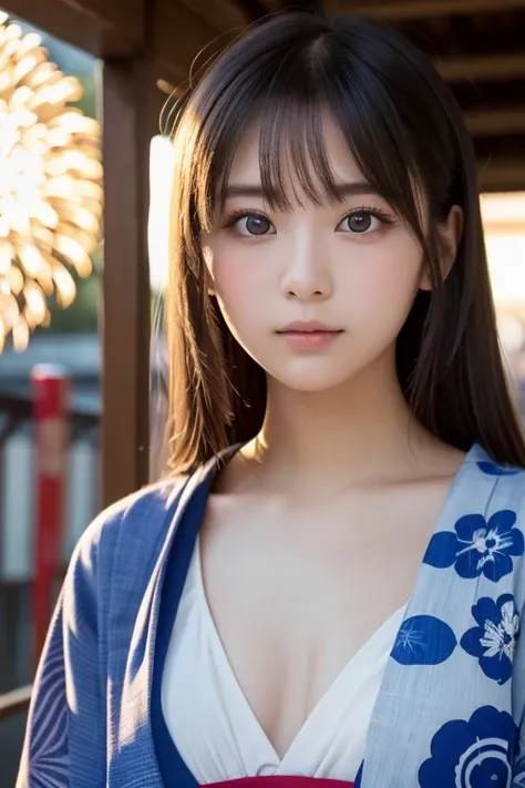 ((masterpiece,  Top Quality,  Ultra Fine,   high definition  )), Alone,  beautiful girl , 輝く瞳,  perfect eyes, ,  blue theme , yukata, firework