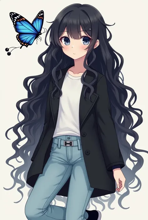 A beautiful girl with black, curly hair that reaches down to her knees, dark blue eyes, two strands of hair falling in front of her forehead, wearing a white t-shirt with a black long-sleeved coat, light blue jeans, and black shoes with white laces. She is...