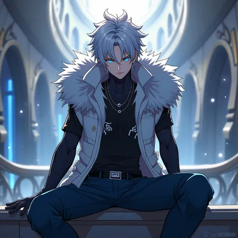 anime cute man 18-year-old, clean design, intricate details, (glowing blue eyes), short parted white hair, fluffy techwear/vest clothes, aggressive look, 8k resolution, full body, exotic background, sitting on rail, curse mark
