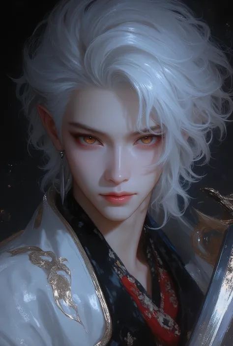 1Man,(Master Piece :1.4),, (  best quality:1.4), Samurai style  , Handsome man, super white and shiny ,Very handsome face, fine smooth skin , young handsome,They boy , back light ,Edge Light,Anime character with white hair and brown eyes holding a sword,  ...