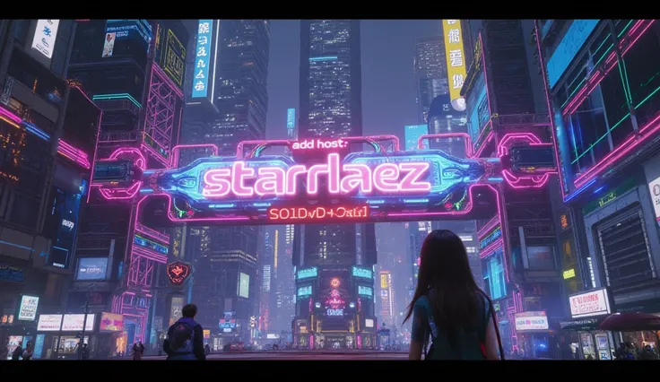 a cyber space city with big rainbow neon sign that says "ADD HOST: STARDAEZ"