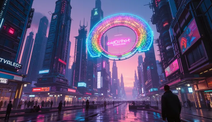 a cyber space city with big rainbow neon sign that says "ADD HOST: STARDAEZ"