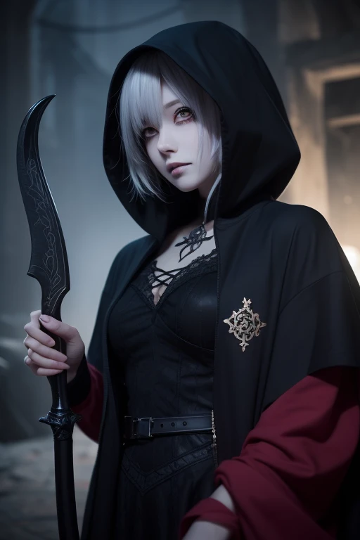 	A gothic-style anime girl with a mysterious and eerie yet beautiful appearance. She has long, flowing black hair with silver or dark purple highlights, and piercing red or violet eyes that seem to see through souls. She wears a dark hooded cloak, slightly...