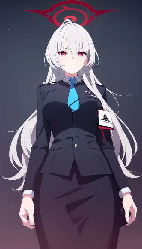 masterpiece, best quality, solo, 1girl, silver hair, long hair, red eye, medium breast, red halo, black uniform, blue tie, standing, mature, composed, black background only