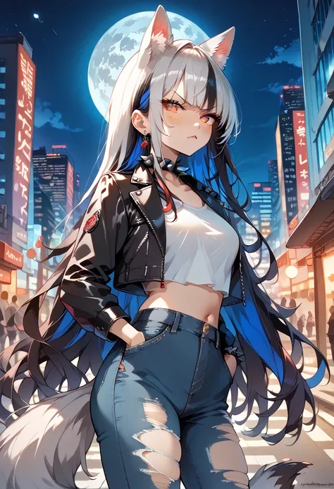 ((masterpiece, best quality, ultra detailed, high resolution, beautiful detailed face, beautiful detailed eyes, perfect hands)), (1 woman, solo), (wolf ears and tail), (two-tone black color hair, very long hair, diagonal bangs), (turime:1.3, red eyes, slit...