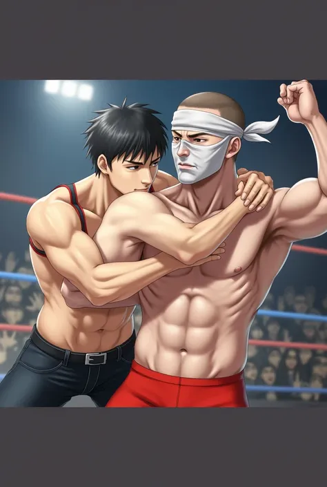 Sinya、 two Japanese men 、(The man in the back is slender and wears 、crew cut、white bandana mask 、 red rimmed black tank top、 belted denim pants 、 Jordan shoes)、The former enemy wrestler is naked with his real face、 headlocked from behind by enemy wrestlers...