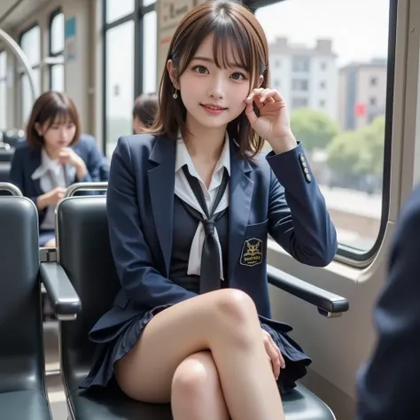  super realistic,   It's a realistic depiction of a Japanese high school girl sitting in a train seat .  she wears a traditional school uniform ,   including a navy blue blazer  ,  white shirt,  pleated skirt,   and a properly tied ribbon or ribbon 、 smile...