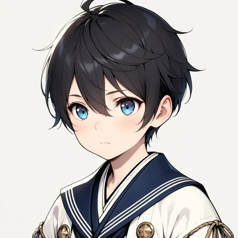 (masterpiece, best quality), 
1boy   ,Shinkai Nagi,face focus,black short hair,blue eyes sailor uniform, furisode-style sleeves, 
wide kimono sleeves, 
white and navy color scheme, 
fantasy clothing, 
highly detailed, 
minimal background,realistic