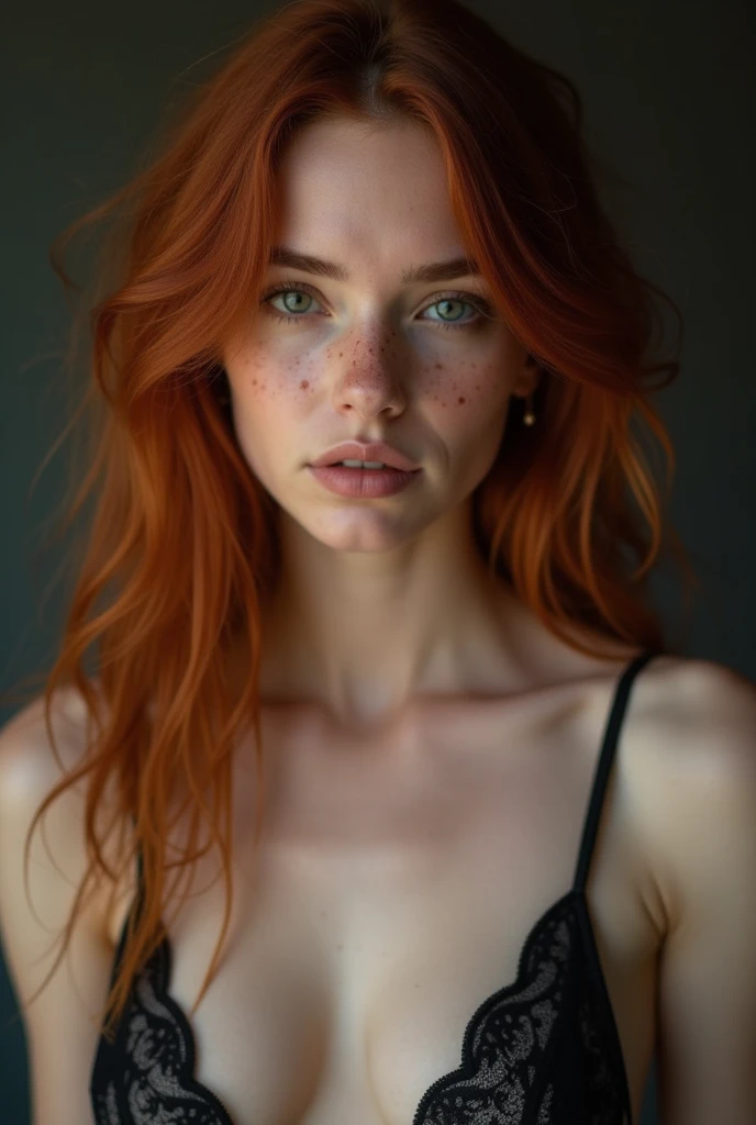 A portrait of a 22 year old American woman, with red hair, piercing gray eyes and porcelain skin. She is petite, only 5 feet 2 inches tall, with a slim build and curves in all the right places. She is wearing lingerie, her hard nipples peeking out from und...