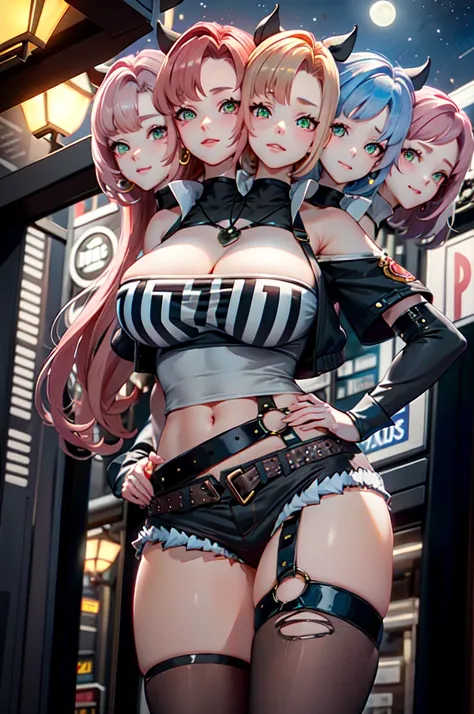 masterpiece, best quality, ultra-detailed, extremely detailed,illustration, 1girl, nicole demara, hair ribbon, hairclip, earrings, black collar, tube top, single thighhigh, short shorts, cropped jacket, belt, thigh strap, detached sleeves, doll, standing, ...