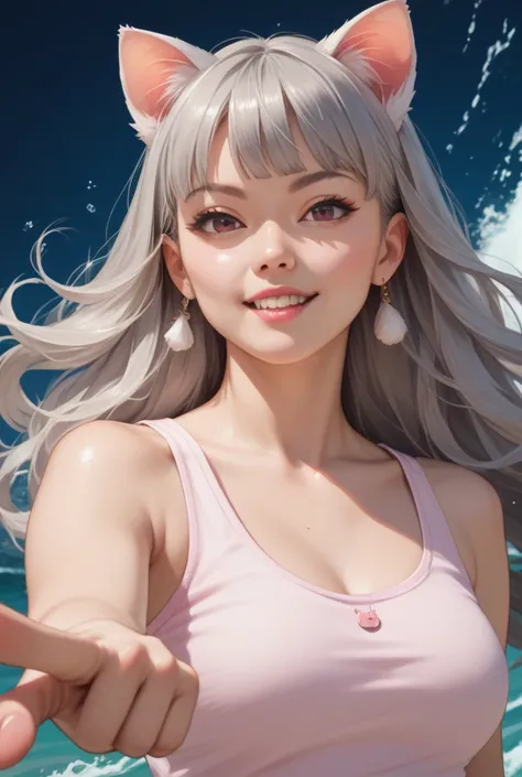 realistic asian girl, with pink tanktop and white underwaer, have a good body waves with big boobs, have a grey hair with long hair and cat ears, her body is pointing to the side while wishpering, her mouth look like say something