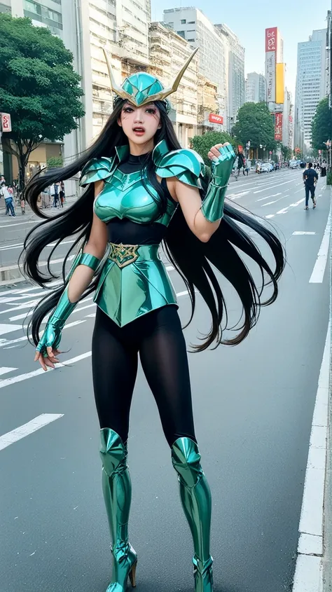 score_9,score_8_up ,score_7_up ,8k,  1girl  , thick makeup ,  outdoor  ,city , street ,Tokyo , Shinjuku ,big breasts,  slim waist  , wide hip , dynamic pose ,
 upper body , 1gshiryu  , long hair , armor ,very  long hair ,  high heels  ,  black hair  ,high ...