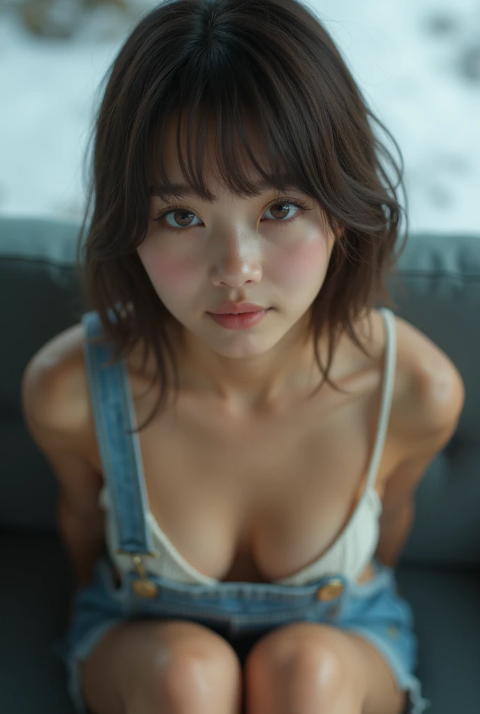 (((Top-Down Configuration:1.4))), ( top quality:1.4), (ultra highres:1.2), ( photorealistic:1.4), (16k,  RAW Photo :1.2), (  as portrait shot:1.3),  Professional Lights , Japanese Girl, Young face,  detailed face and skin texture,  big eyes,  Looking at Ca...