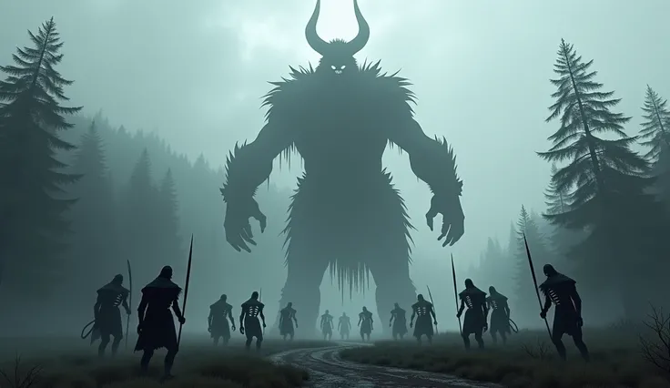 shadow of a large Viking Creature in a foggy night forest with ghosts specters of skeletons Viking warriors, dark image with Viking runes, super realistic style, realistic photography.