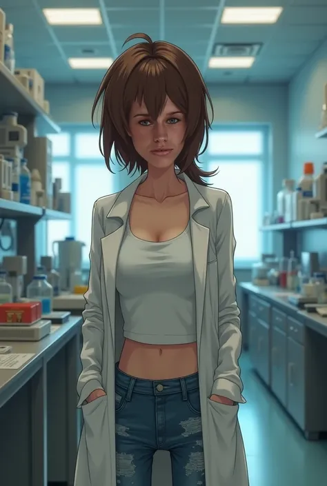 Brunette woman in a lab is wearing a white tank top and jeans with a lab coat, she has no breasts, petite body, unhappy