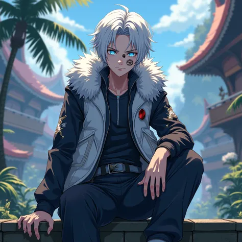 anime cute man 18-year-old, clean design, intricate details, (glowing blue eyes), short parted white hair, fluffy techwear/vest clothes, aggressive look, 8k resolution, full body, exotic background, sitting on rail, curse mark on face
