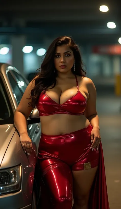 Parking Lot Passion: A plus size curvy busty Indian MILF bhabhi with a voluptuous figure finds a dimly lit parking lot in Bangkok, dressed in a shiny, reflective red and gold workout set. She leans against a car, her hand slipping beneath her skirt to touc...