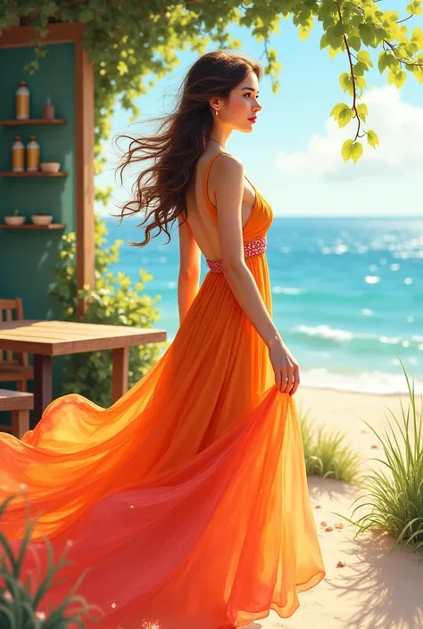 Create a drawing of a lady who wears dress that has color in a coffee shop or beach or park that is not look an ai work 