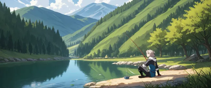 albedo is fishing in a calm lake