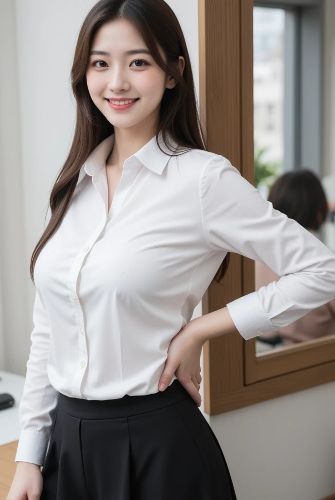 ( 1 girl:2) , (Alone:2) ,  is present,  watches viewers ,  cute asian woman with long hair takes pictures in office,  1 girl, Alone,  shirt, Indoors,  watches viewers,  skirt, smile, white  shirt, collared  shirt bustup angle 
