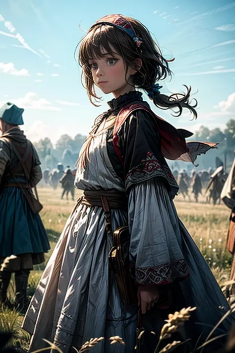 Slavic peasant woman ,  Shabby dark hair  ,   medieval peasant clothes, background - Russian regiments blocked the field with blue shields, dynamics,   movement, coquetry  , wind