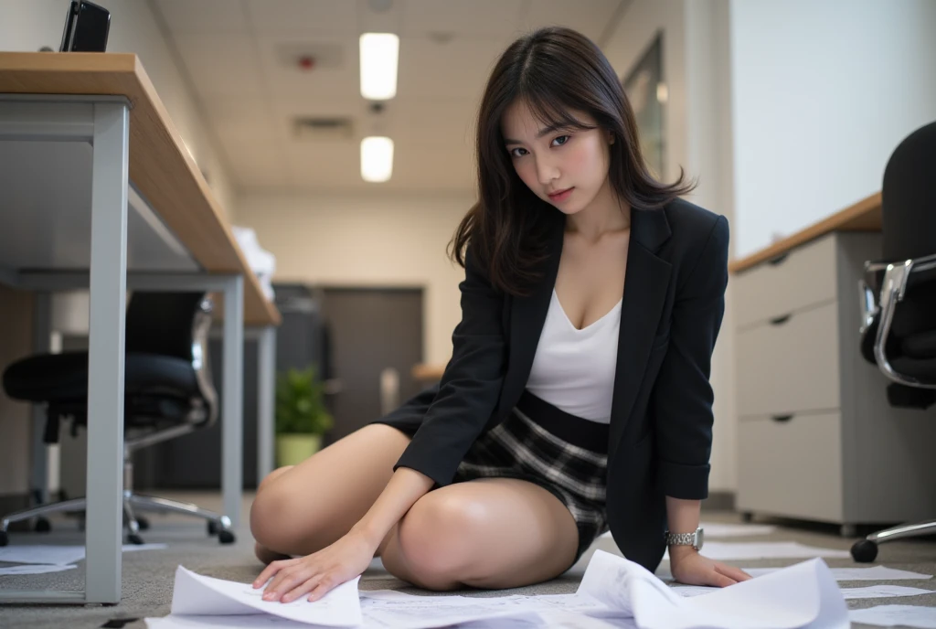 Japanese young beautiful woman picking up papers dropped on the floor in her office, looking impatient, kneeling down on a floor, from below, suits skirt, Whipped thighs, sweaty, from the back, black medium long hair, wearing watch, close her thights, bigb...