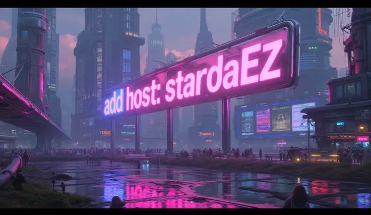 a cyber space city with big rainbow chrome sign that says "ADD HOST: STARDAEZ"